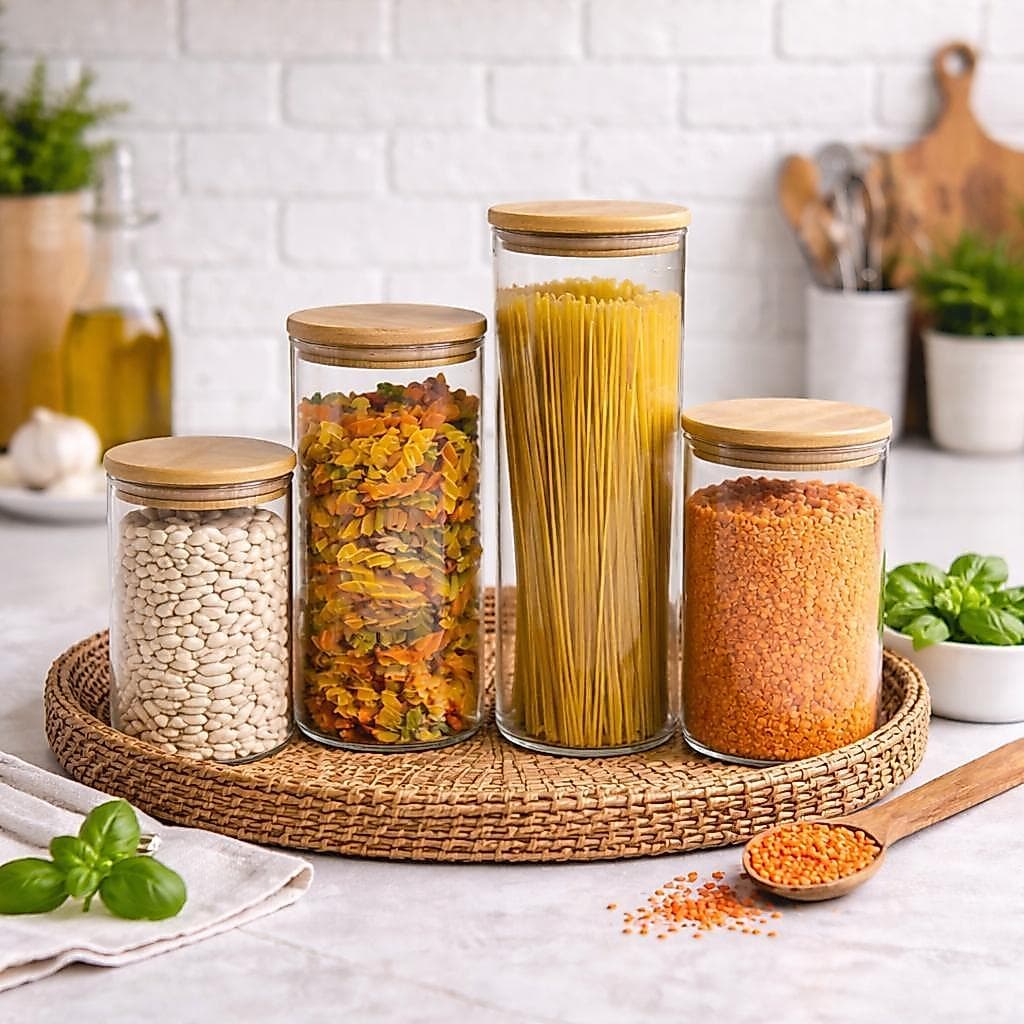 Kit 4 Potes de Vidro com Tampa de Bambu Hermética para Mantimentos e Temperos | Porta Alimentos Cozinha Organizada