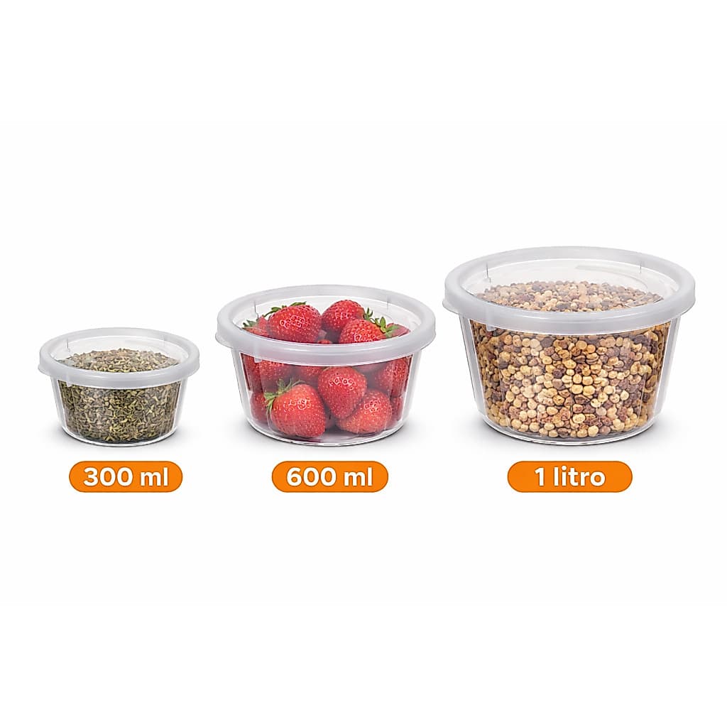 Kit Potes Redondos Canelados Transparente com Tampa – 3 Tamanhos (300ml, 600ml e 1 Litro)