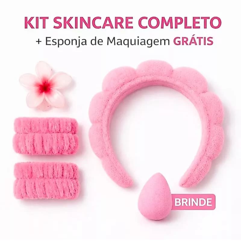Kit Skincare Conforto Diário com Tiara Nuvem, Punhos e Presilha de Flor + uma esponja de maquiagem de Brinde
