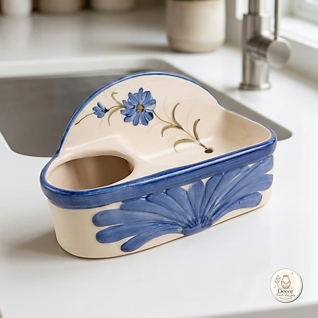 Porta Detergente Sabão Em Cerâmica | Azul Flor | Esponja Detergente Sabão de Bancada | Cerâmica Artesanal