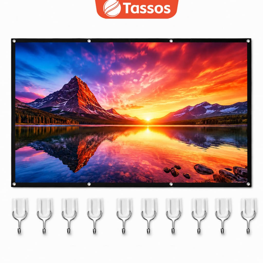 TASSOS Tela de Projeção 100/120 Polegadas Tecido Poliéster Não Elástico Branco Suporte Compatível Projetor 4K Full HD