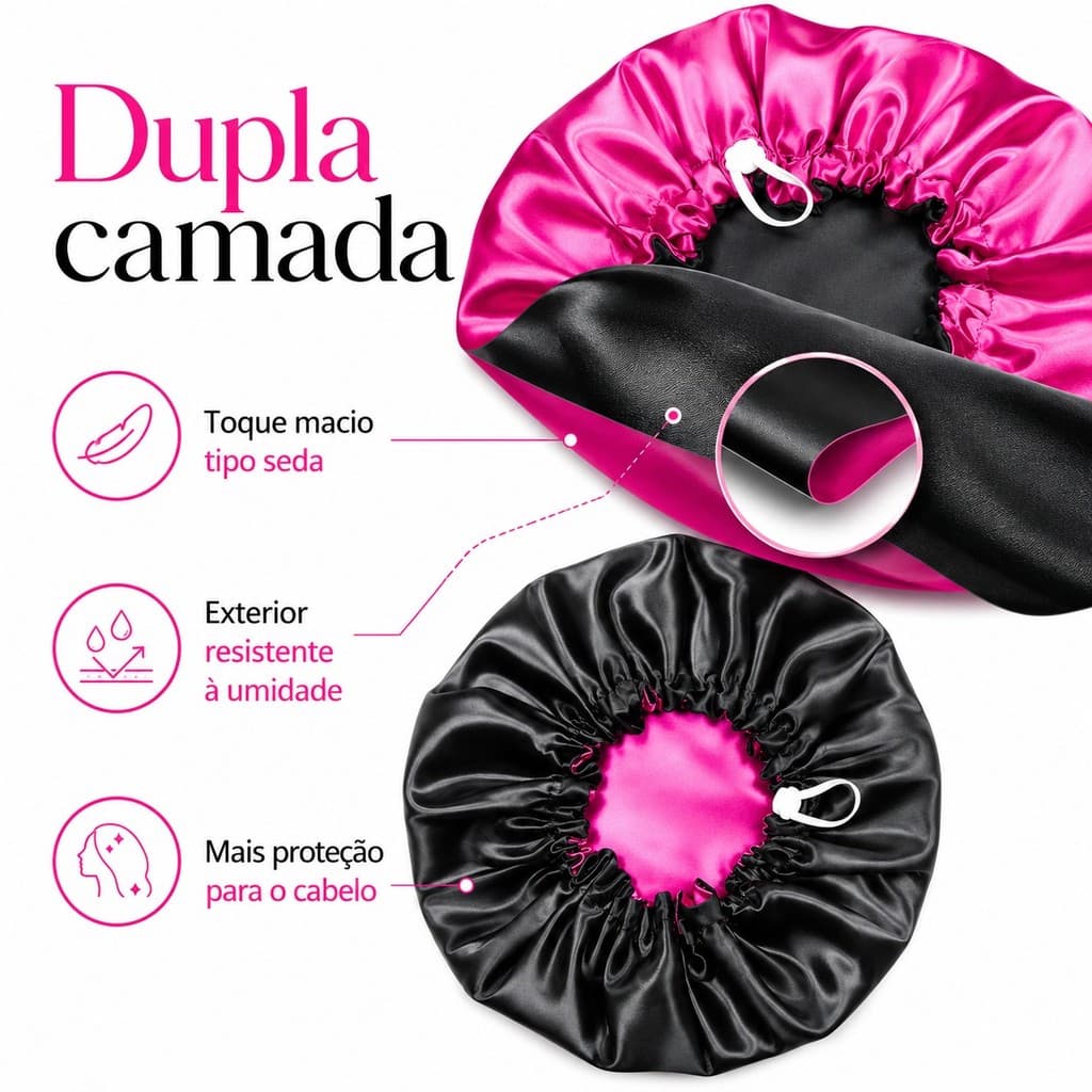 Touca de Cetim Dupla Face Impermeável Ajustável Grande para Cabelos Cacheados Anti Frizz Touca de Banho e Dormir