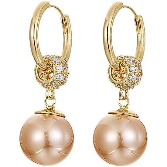Brincos de Argola Banhados a Ouro 18K com Pérola Champagne – Elegantes Brincos Pendentes Redondos com Detalhes de Crista