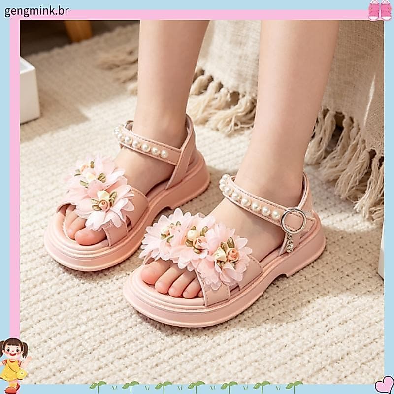 Crianças doce princesa sandálias primavera verão meninas All-Match 2026 sandálias pérola flor decoração Velcro antiderra