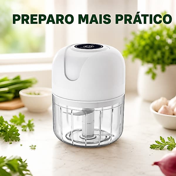 Mini Triturador Elétrico Compacto com Recipiente Transparente e Lâmina para Alho, Cebola, Temperos e Preparo Diário