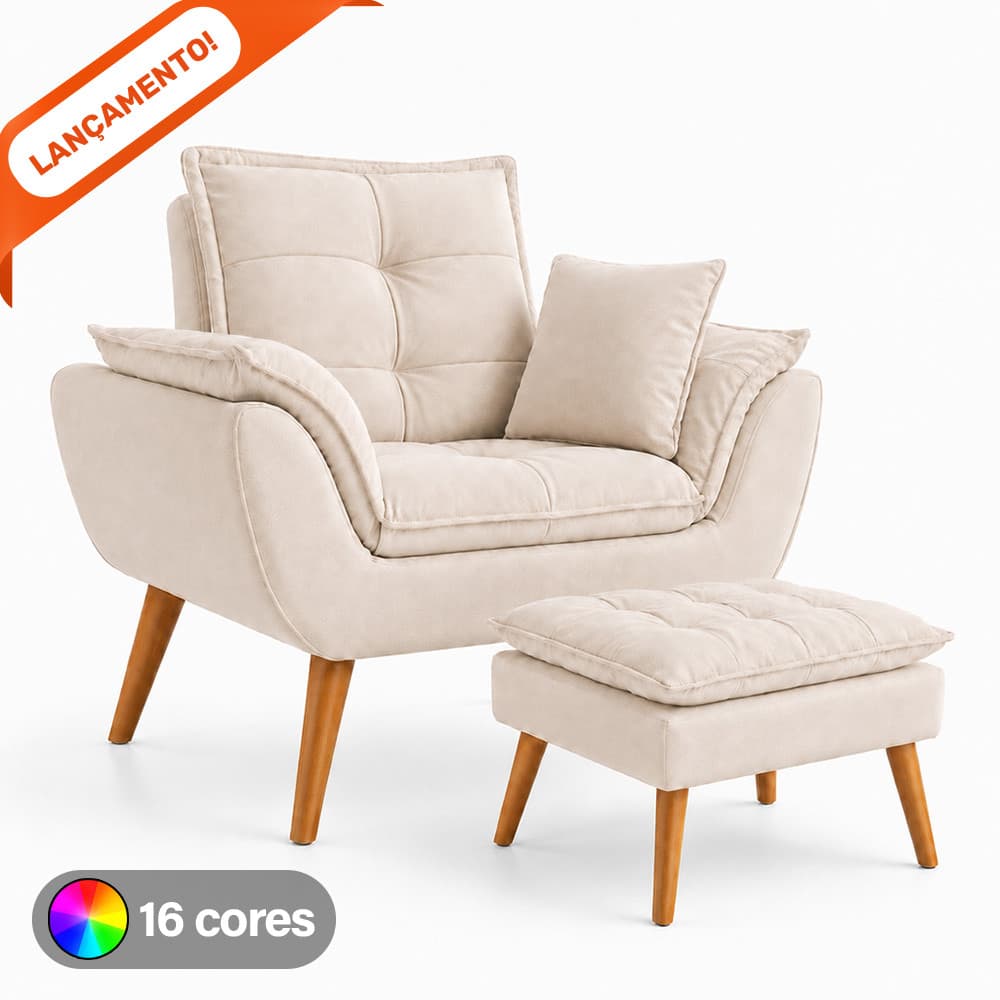 Kit Poltrona Opala com Almofada e Puff Opala para Quarto Amamentação Decorativa Suede Aninha Decor