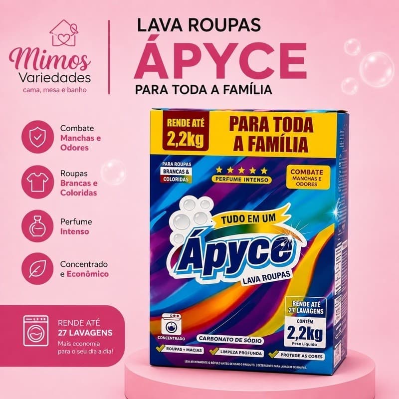 LAVA ROUPAS EM PÓ CONCENTRADO APYCE TAMANHO FAMILIA 2,2 KG ROUPAS BRANCAS E COLORIDAS RENDE ATÉ 27 LAVAGENS
