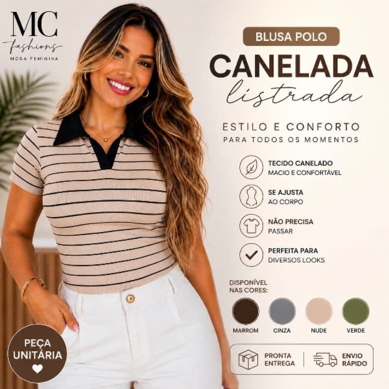 Blusa Camisa Polo Feminina Canelada Listrada Manga Curta Gola T-shirt Camiseta