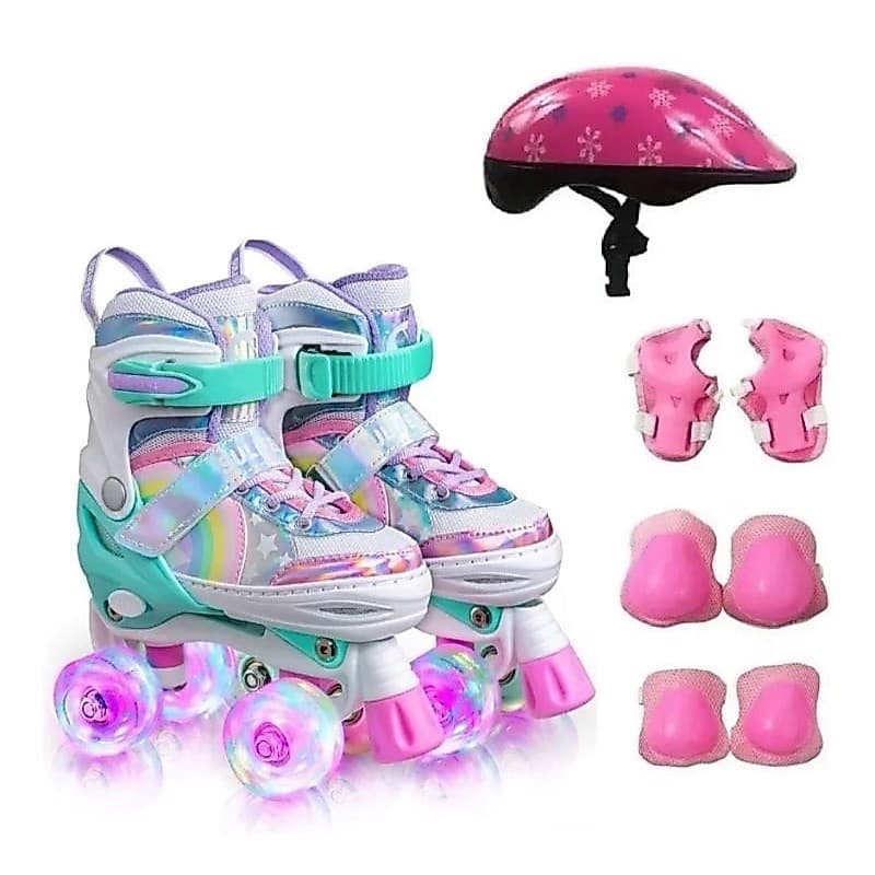 Patins 4 Rodas infantil Lançamento Arco Íris com led e Kit segurança Completo