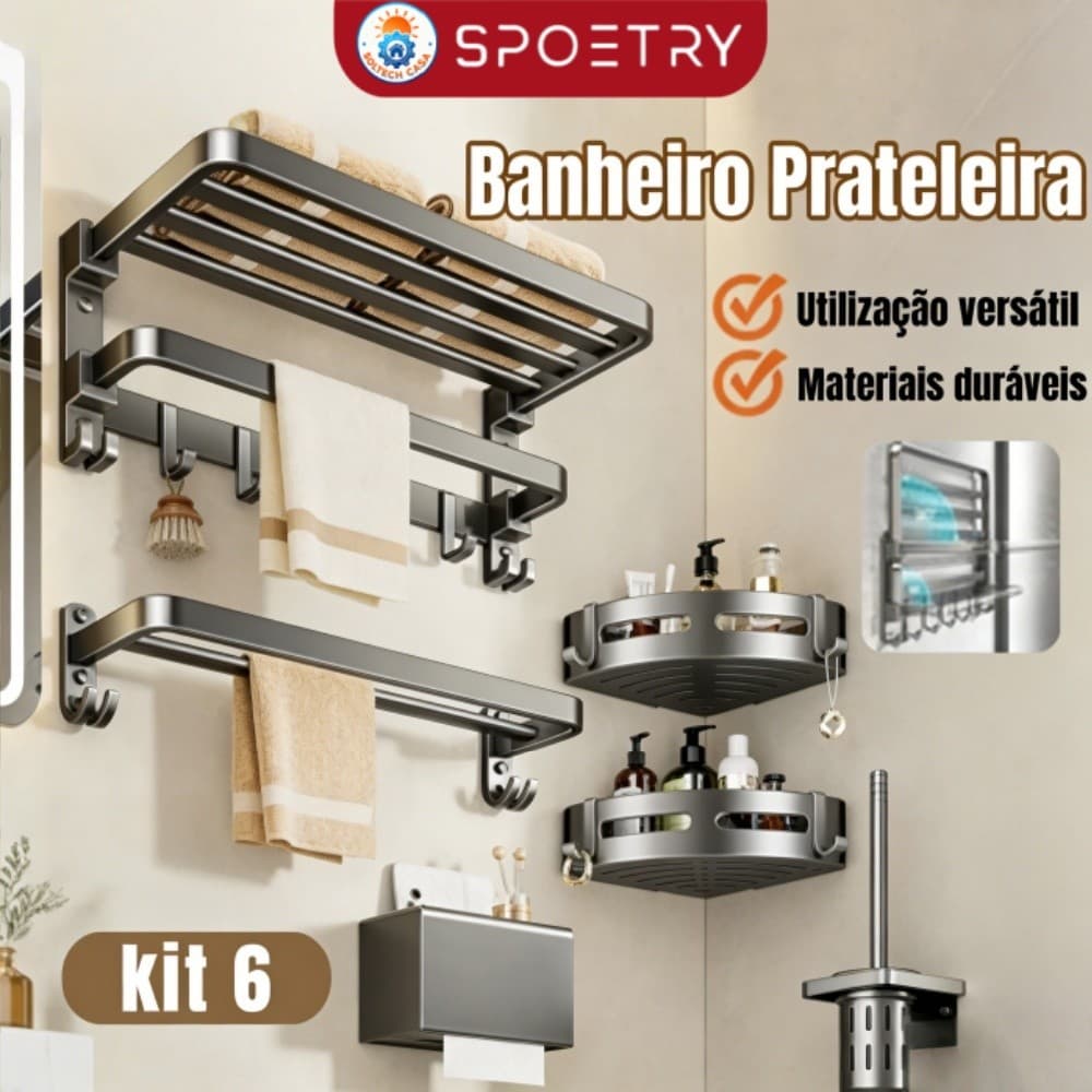 Kit 6 Banheiro Prateleira Porta Shampoo Toalheiro De Banheiro Parede De Alumínio Suporte Organizador Multiuso