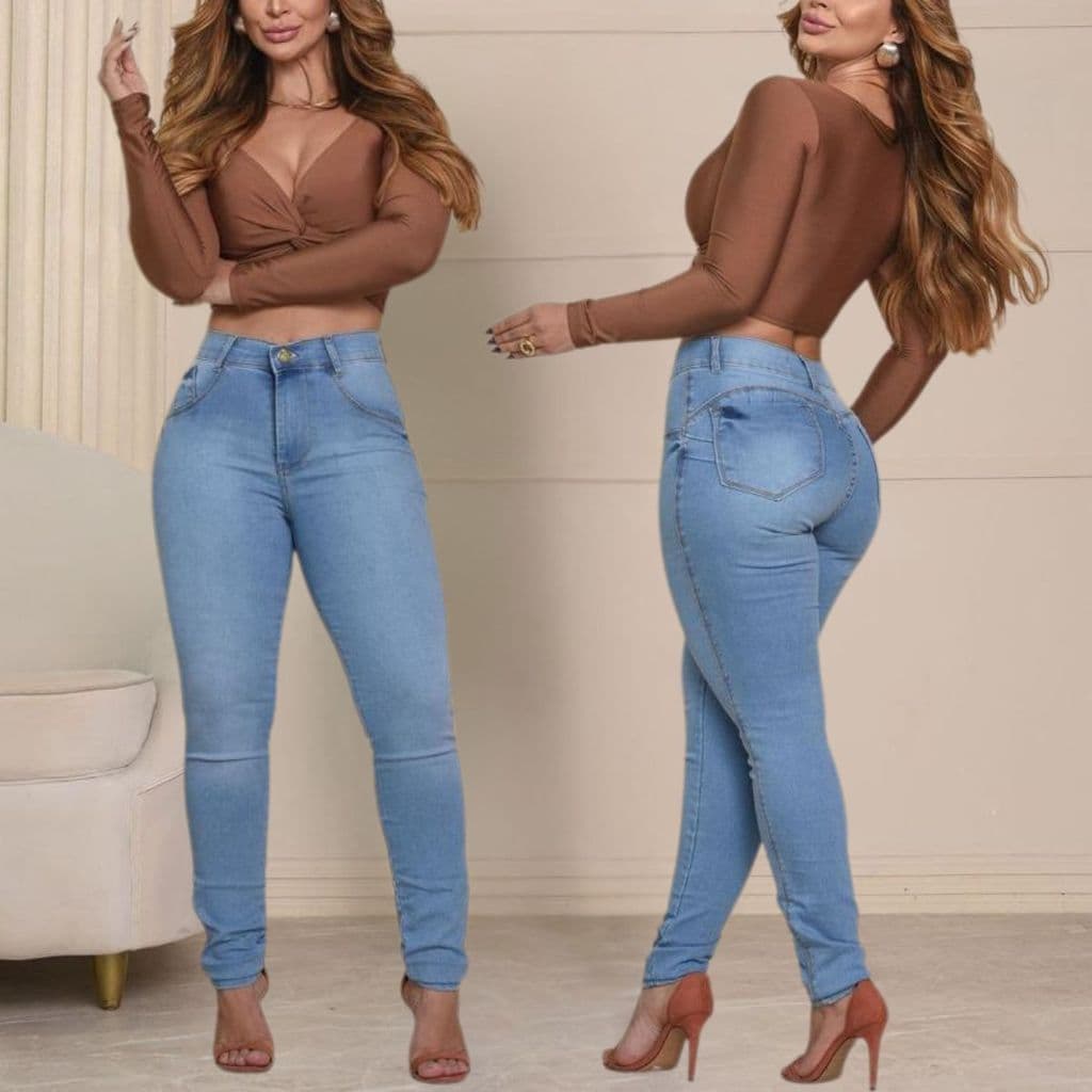 Calça Jeans Feminina Com Elastano Skinny Efeito Levanta Bumbum Cintura Alta Com Lycra Lançamento