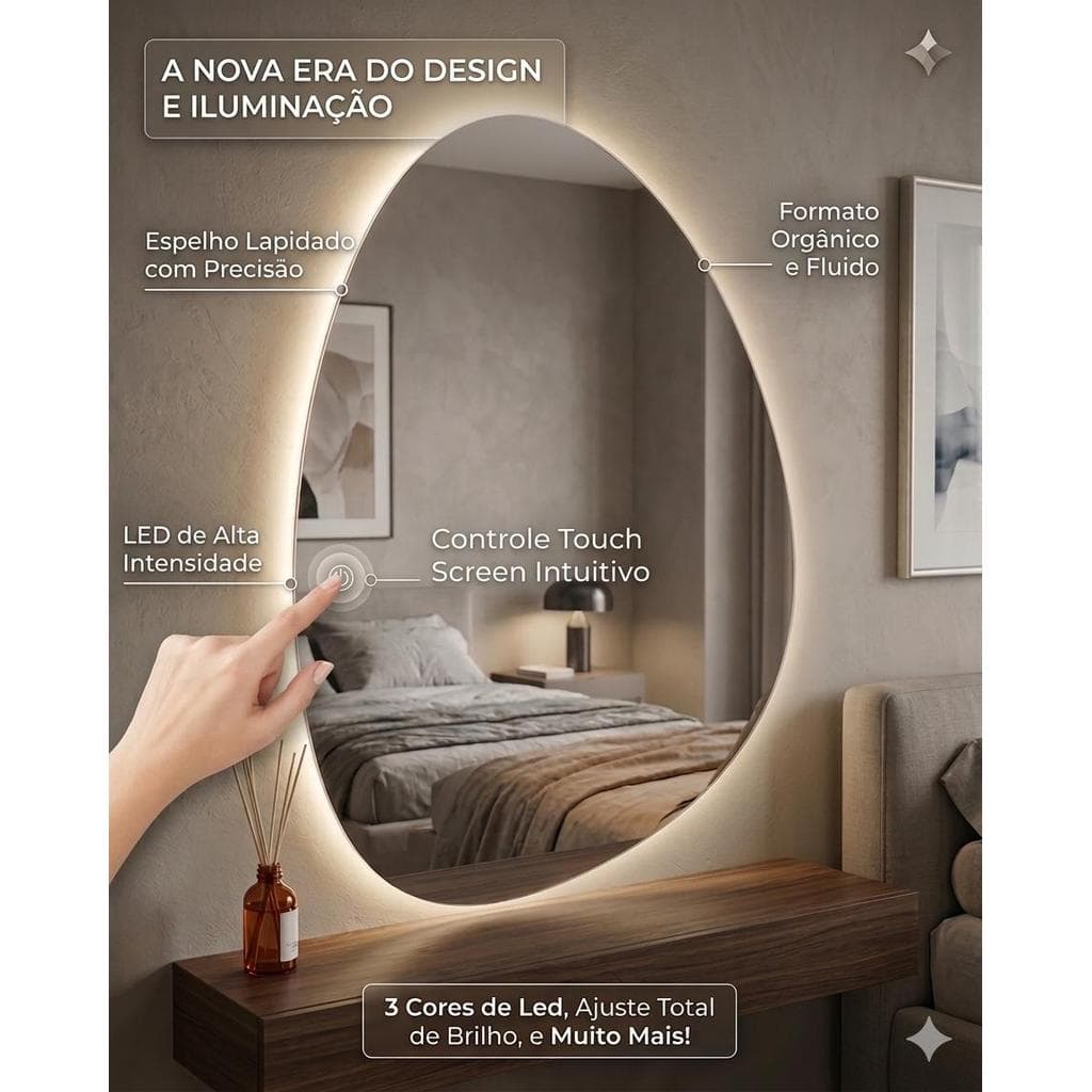 Espelho Organico 01 Sofisticado Moderno Iluminado com Led 3 tons Design Perfeito Decoração