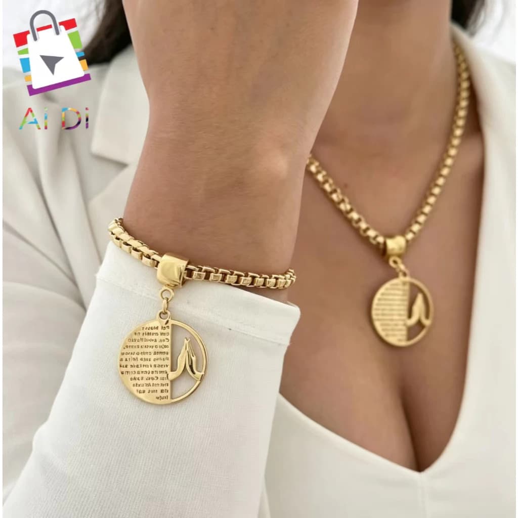 Conjunto Pulseira e Colar Ouro Pingente Oração Padre Nosso