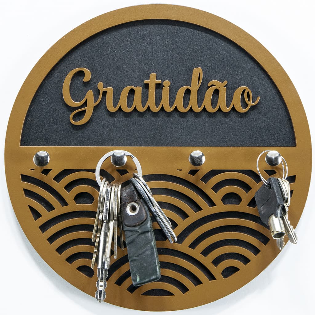 Porta Chaves de Parede Gratidão MDF com 4 Ganchos Chaveiro Organizador Decorativo Redondo para Casa