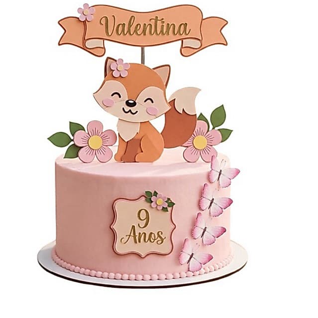 Topo de Bolo Raposinha|Personalizado Nome e Idade |Festa Infantil Menina|Topper de bolo