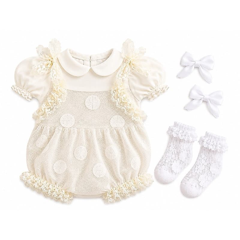 Kit Roupinha boneca Bebê Reborn prematura 30 a 34cm | Macacão + Body + lacinhos + Meias | Menina SONHO bege
