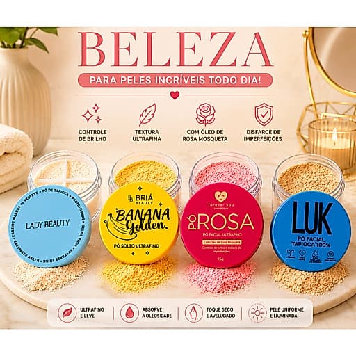 Pó Facial Ultrafino | Banana, Rosa, Translúcido e Tapioca | Sela a Maquiagem, Disfarça Imperfeições