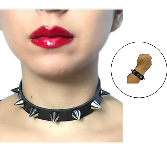 Choker e Pulsera Spikes Cônicos Punk Gótico Cosplay