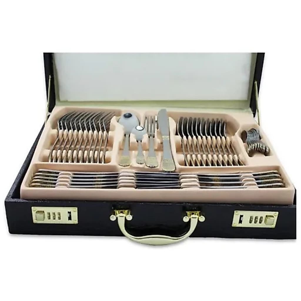 Kit Jogo Faqueiro 84 Peças Talheres Luxo Banhados Ouro 24k Maleta Couro Düsseldorf