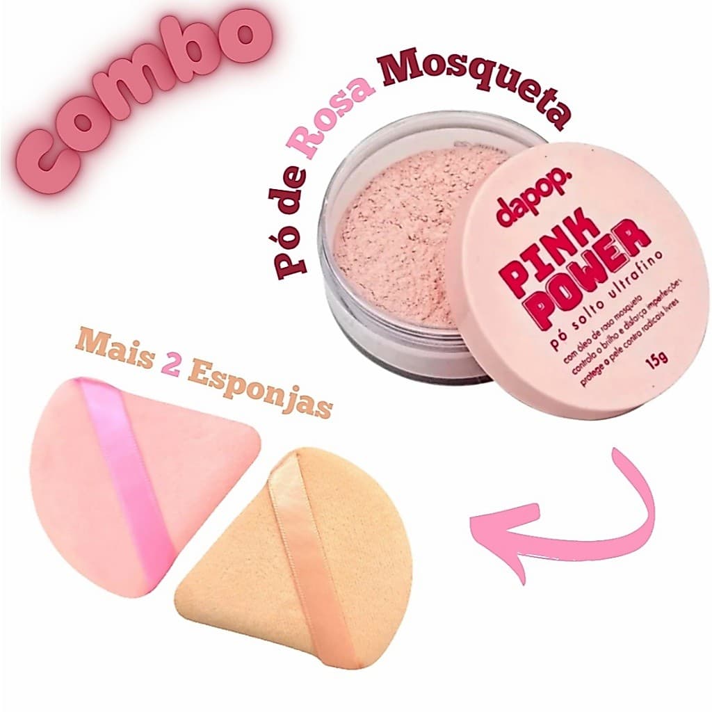 Kit Pó Solto Pink Power Rosa Mosqueta Dapop + 2 Esponjas Para Pó