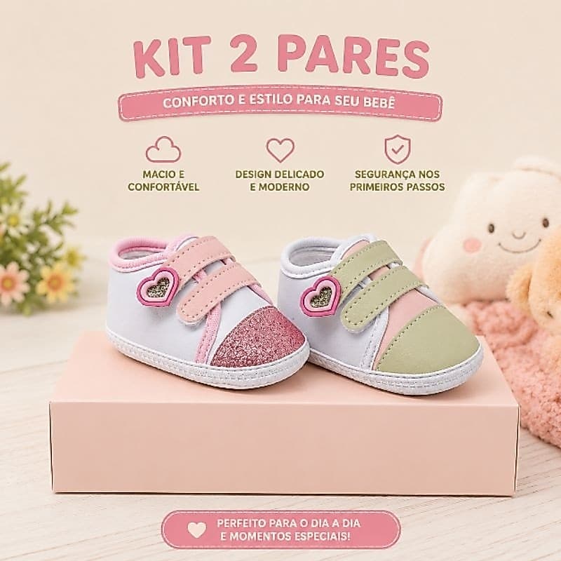 Kit 2 Tênis Infantil Menina Feminino Glitter Bebê RN 13 ao 18