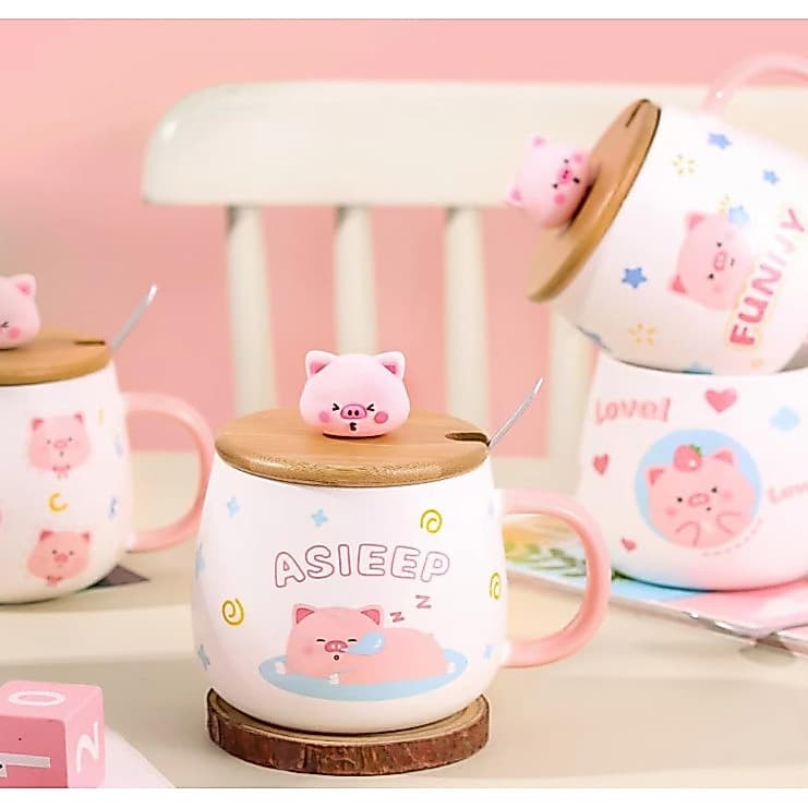 Xicara Caneca De Cerâmica C/ Tampa e Colher Porquinho Rosa - 360ml