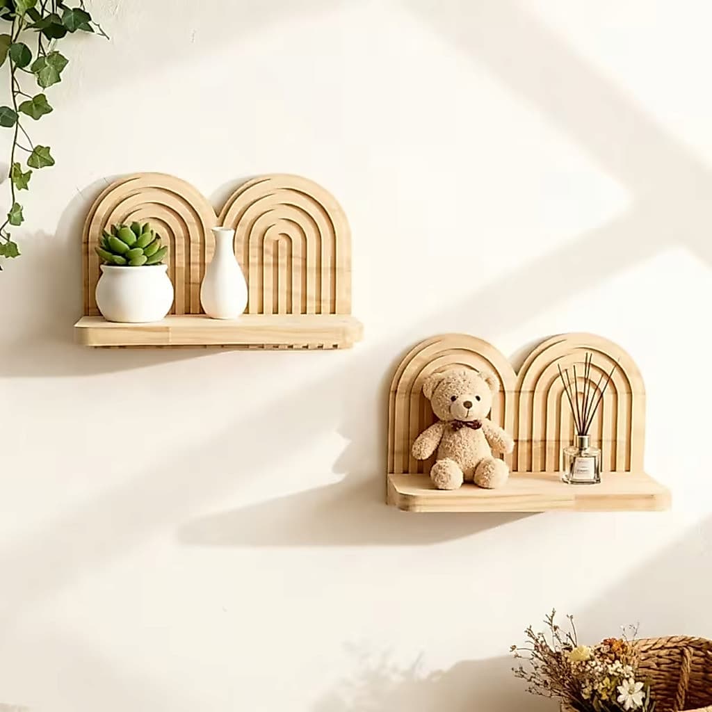 Prateleira Arco-Íris Decorativa Suspensa de Parede em Madeira – Design Moderno para Organizar e Decorar Objetos