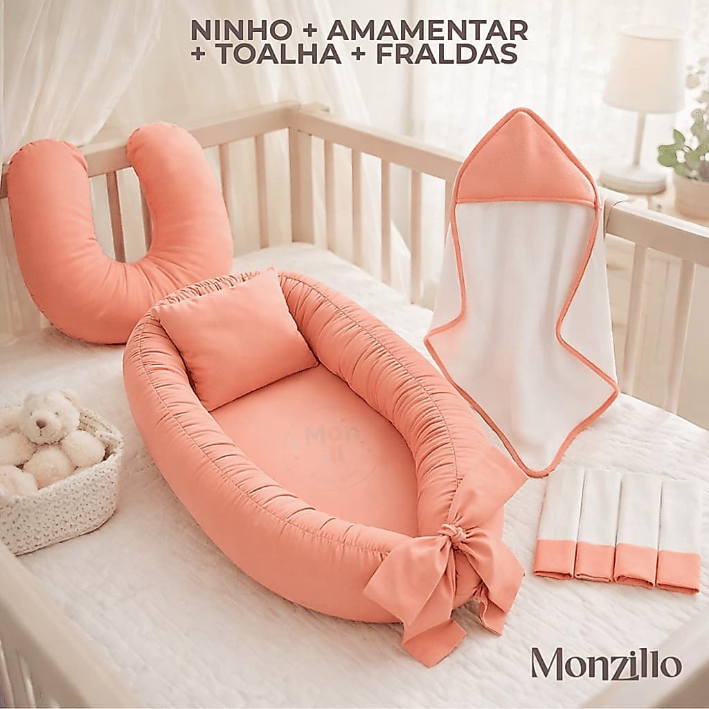 Kit: Ninho redutor de berço + Almofada de Amamentação + Toalha de banho capuz + Fraldinhas bebê