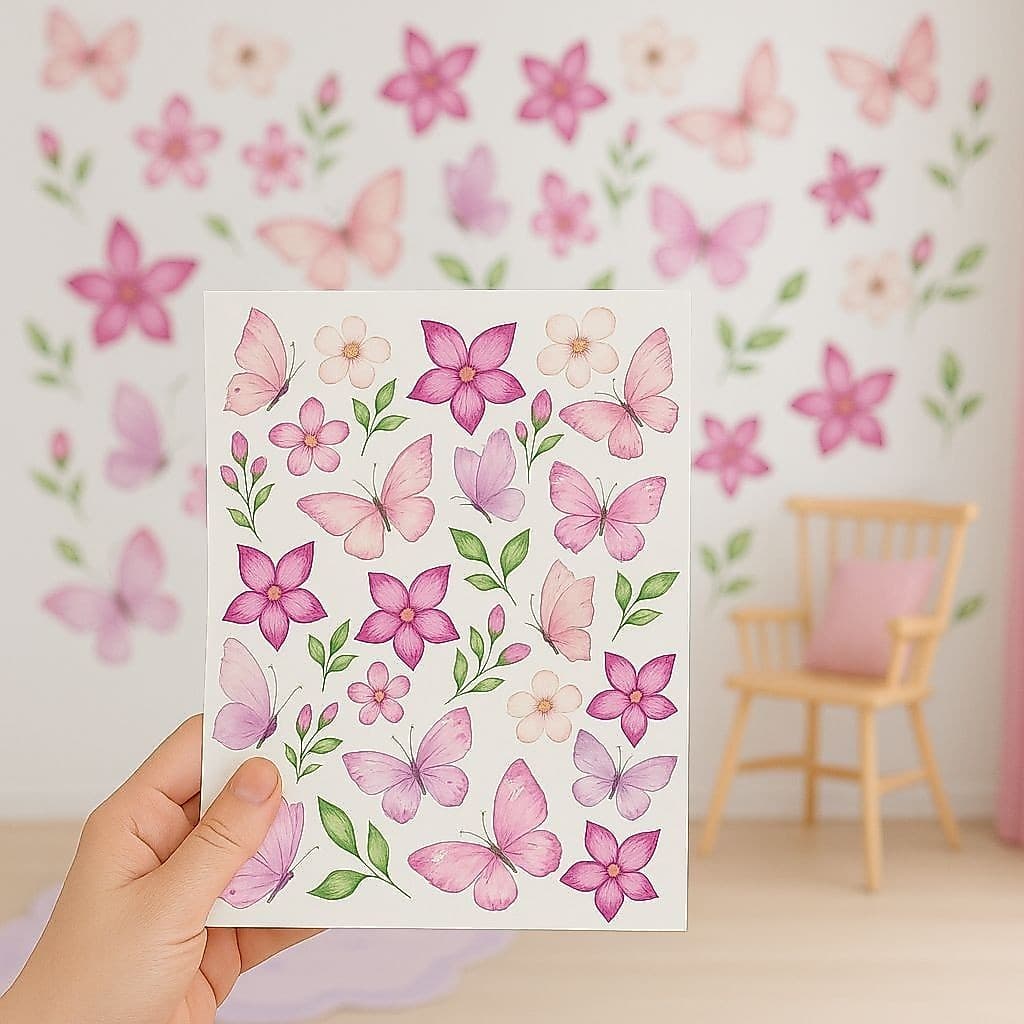Adesivo de Parede Borboletas e Flores Decoração Delicada para Quarto Infantil Feminino