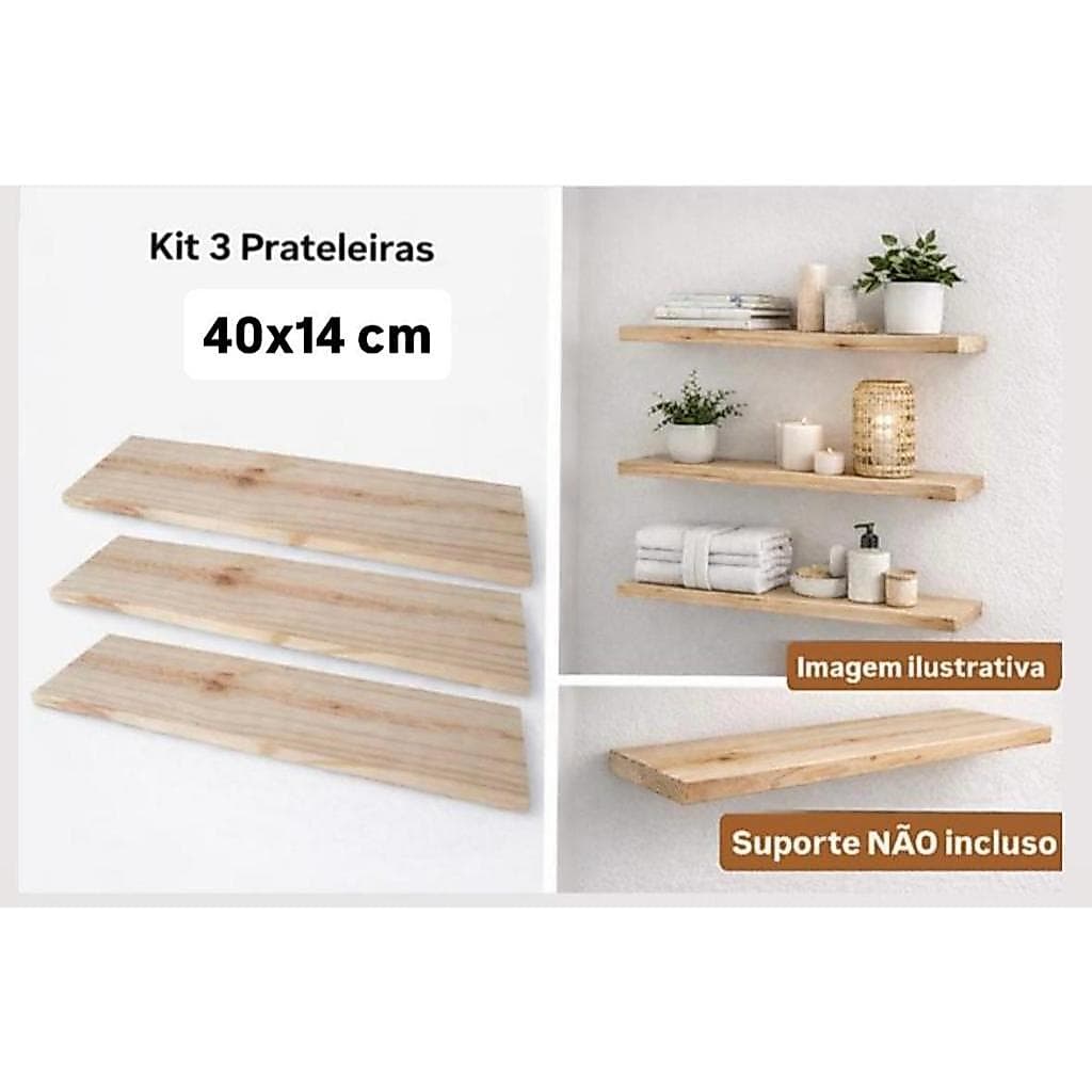 Prateleira de madeira, Pinus, Tabua, Prancha, 40cm x 14cm, kit com 3