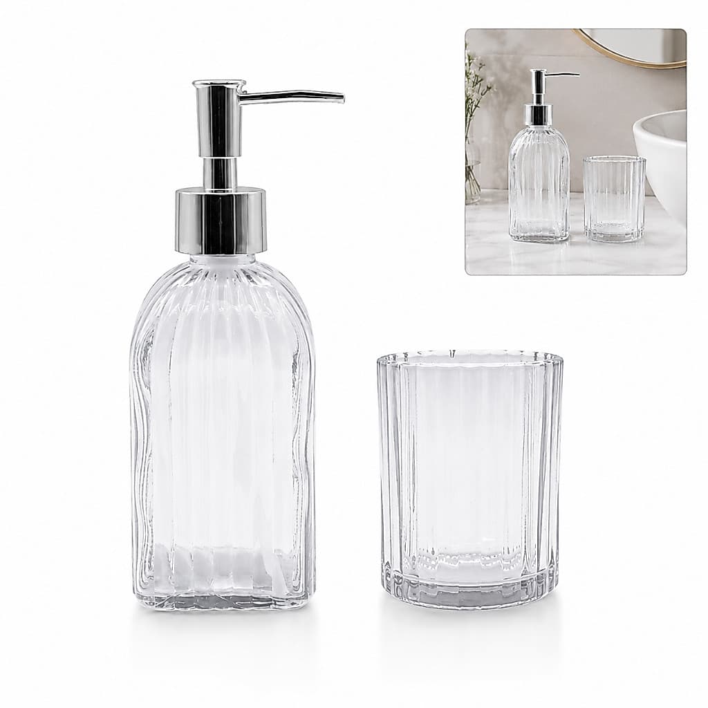 Kit Vidros Banheiro Luxo Clear Completo com Porta Sabonete Líquido e Porta Objetos Elegante