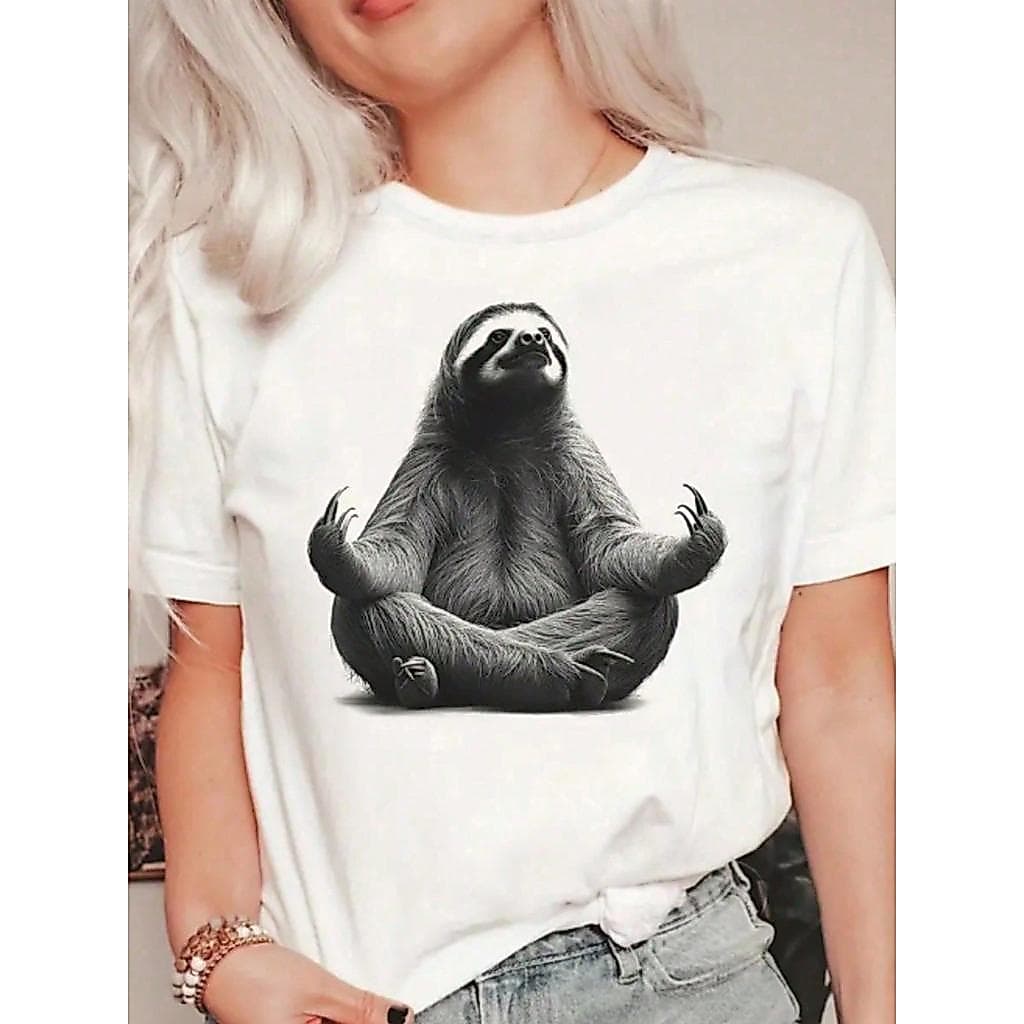 Camiseta Feminina de Gola Redonda Estampada com Preguiça, Moda T-shirt Feminina com Estampa de Preguiça