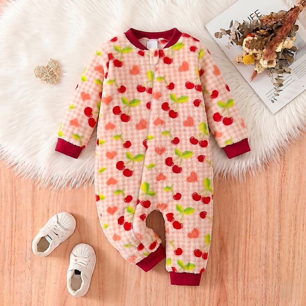Macacão Fleece Longo Menina Estampa Marshmelow Zíper Frontal Roupa de Inverno Quentinho