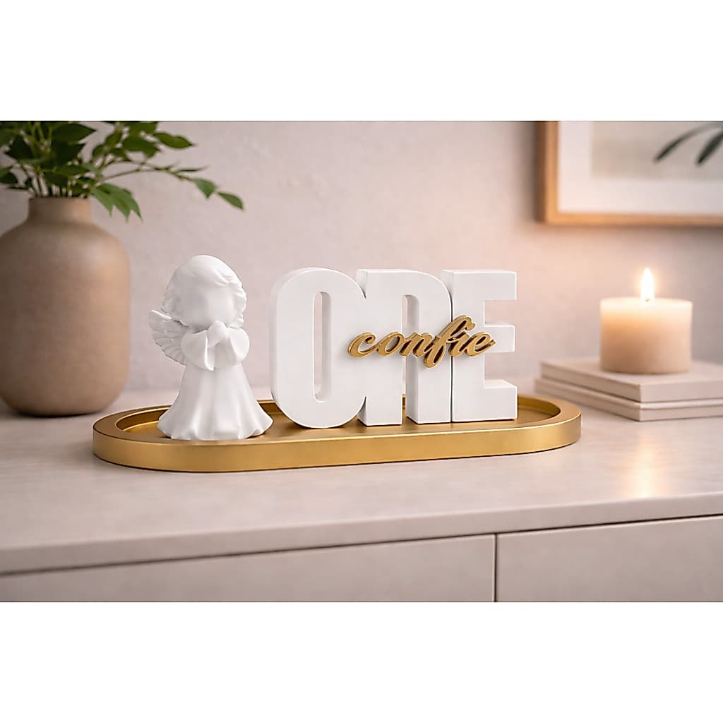 Kit Decorativo “Ore e Confie” com Bandeja e Anjinho Elegância para Seu Ambiente Decore com Fé e Estilo