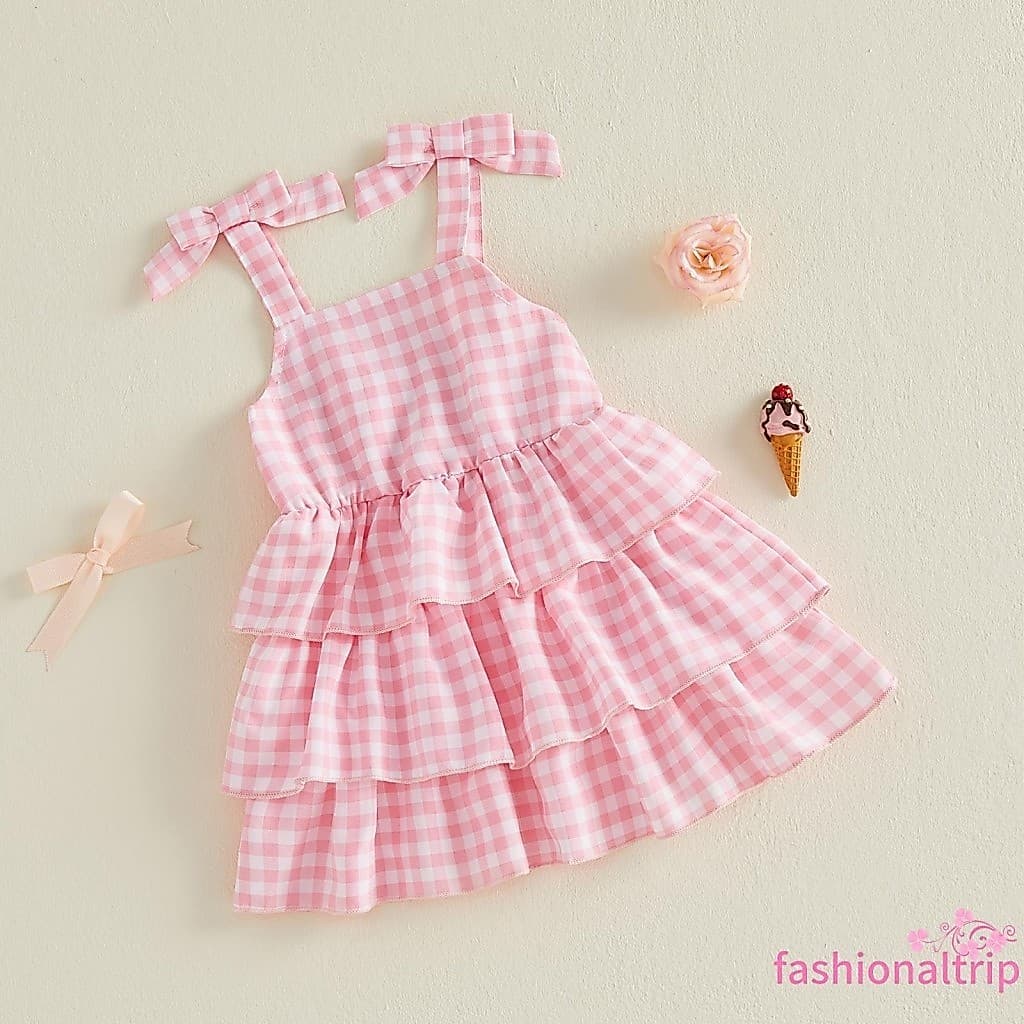 [FaSh] Vestido Infantil Feminino Com Bainha Em Camadas E Estampa Xadrez , Lindos Vestidos Sem Mangas Laço