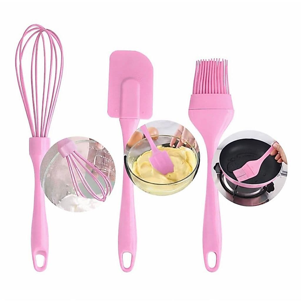 Kit Utensílios de Cozinha Silicone 3 Peças | Espátula Pincel e Batedor Fouet | Kit Preparo para Confeitaria e Culinária