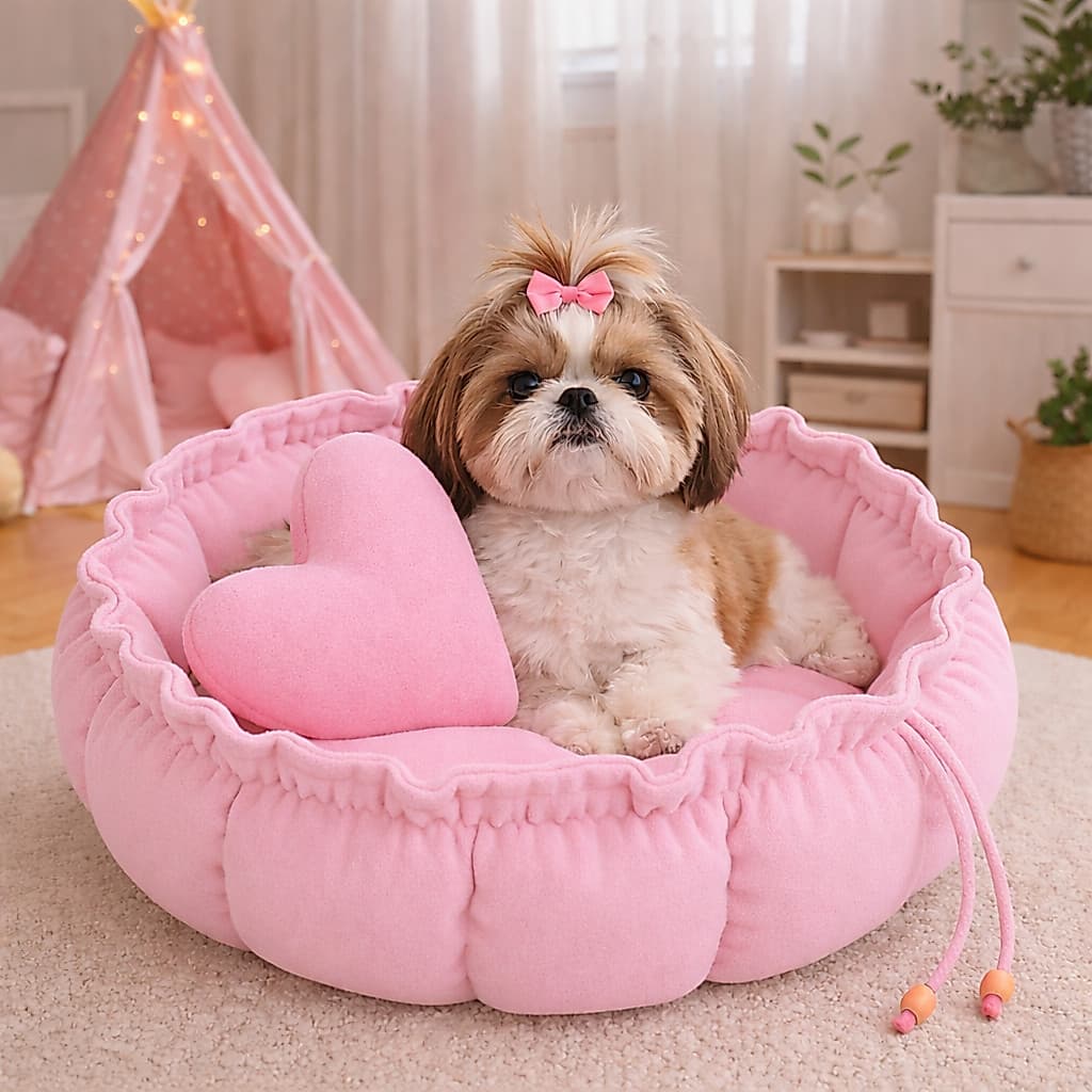 Caminha Redonda, com almofada de coração Rosa Bebe Cama Pet Londres Fresquinha Gato