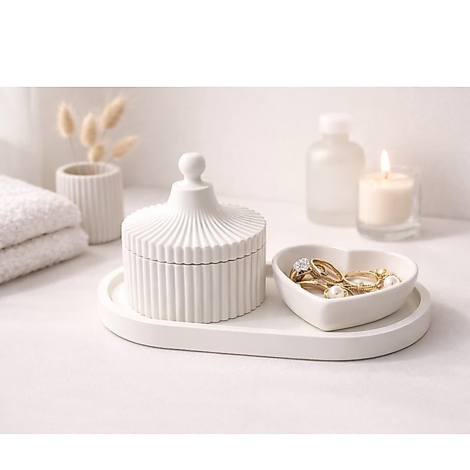 Kit 3 Peças Branco Bandeja Oval Pote com Tampa e Coração Porta Jóias e Objetos