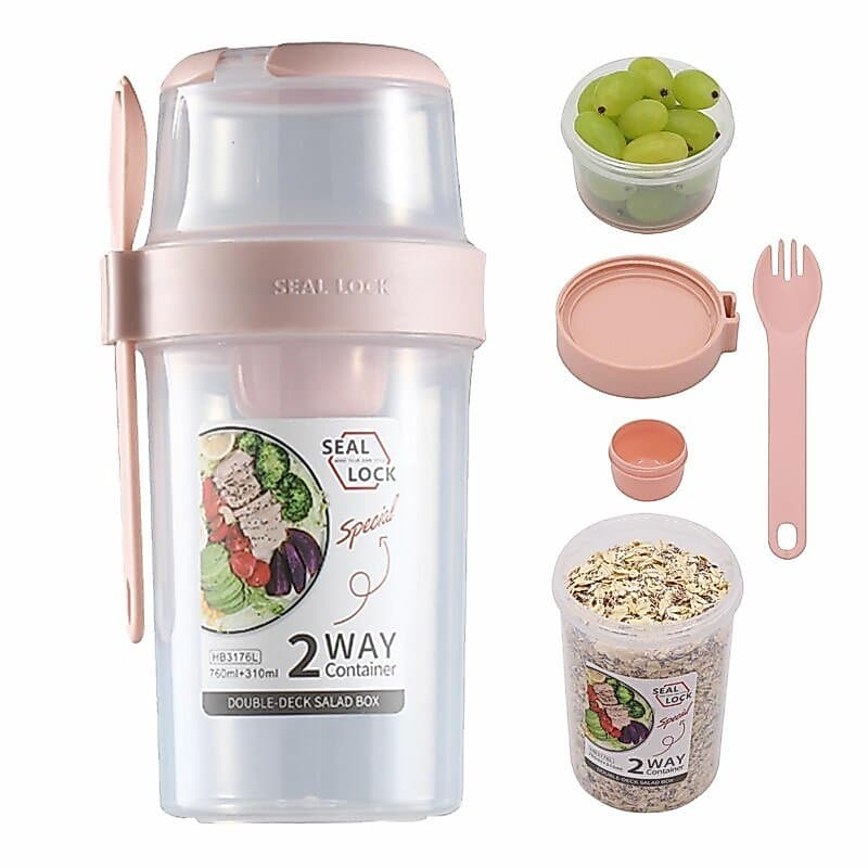 Copo de Salada Duplo Portátil com Compartimento para Molho e Granola