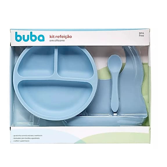 Kit Refeição Prato Ventosa Babador E Colher Silicone Buba