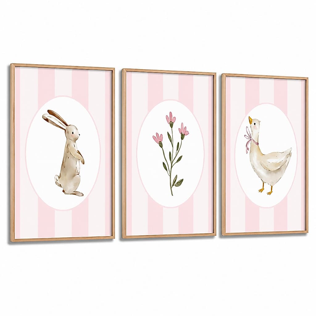 Kit 3 Quadros Decorativos Infantil | Quarto Bebê Menina | Flores, Ganso, Jardim, Aquarela - No238