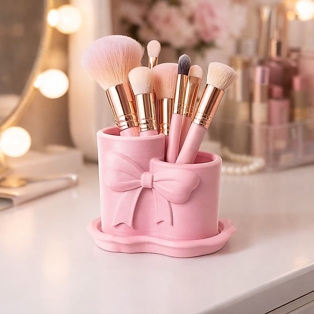 Organizador Duplo Porta Pincéis De Maquiagem Laço rosa Decoração Penteadeira material premium