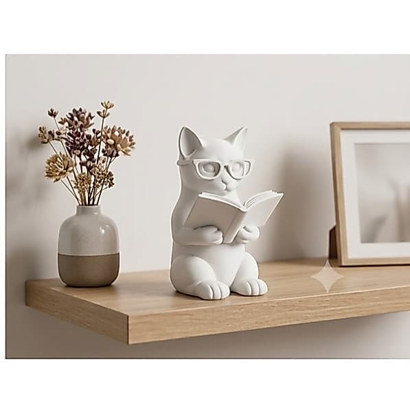 Estatueta de Gato Lendo Decorativa Minimalista para Estante Sala e Escritório
