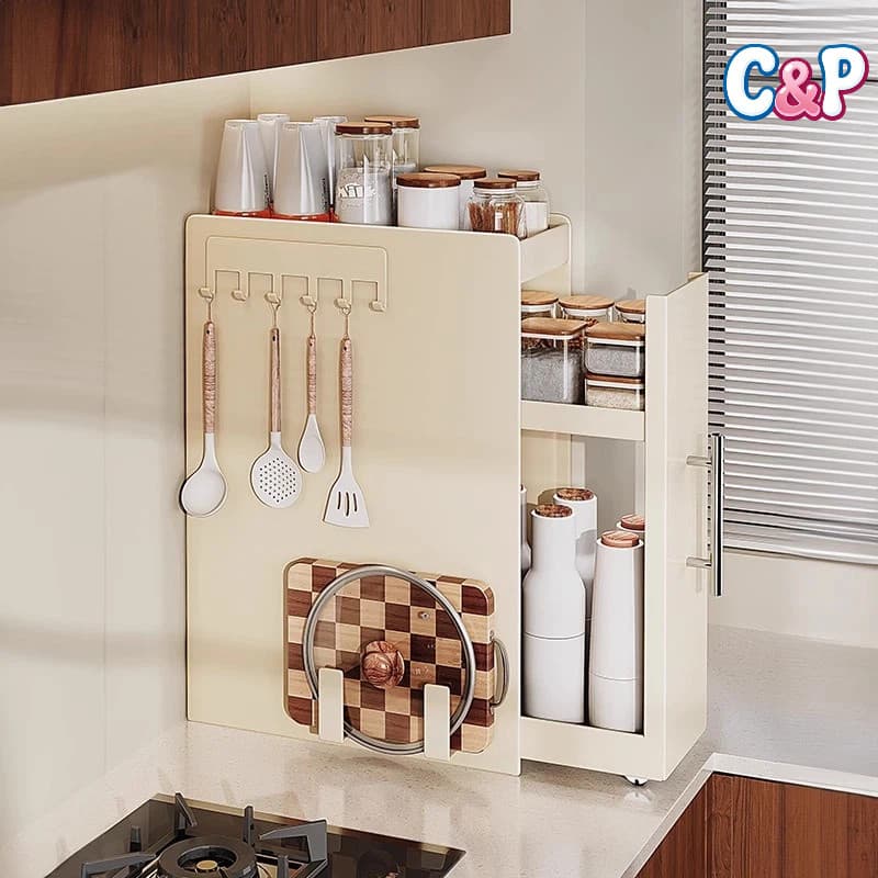 Suporte retrátil multinível para temperos em bancada estreita prático e versátil para organização da cozinha
