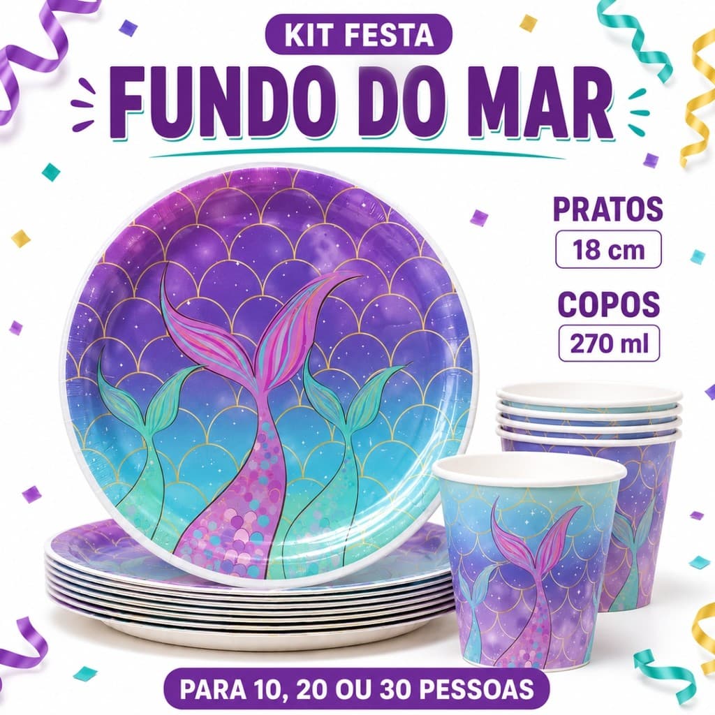 Kit Prato E Copo De Papel Fundo Do Mar Sereia Descartavel Aniversário