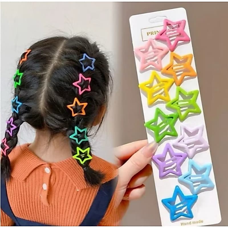 Kit 10 Presilhas Estrela Infantil, Grampos para Meninas Y2k Coloridas, Acessório de Cabelo Tic Tac