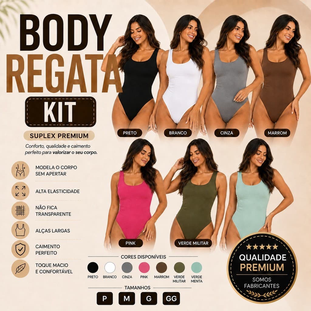 Kit  Body Feminino Decote Quadrado Modelagem Justa Confortável Básico Casual Elegante