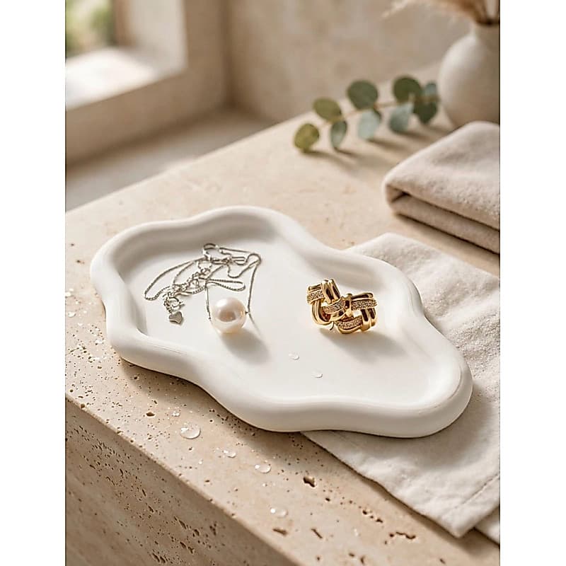 Bandeja Decorativa Orgânica 9x14cm Branca PLA 3D - Porta Joias Nuvem Irregular - Bandeja Bijuteria Decoração Penteadeira