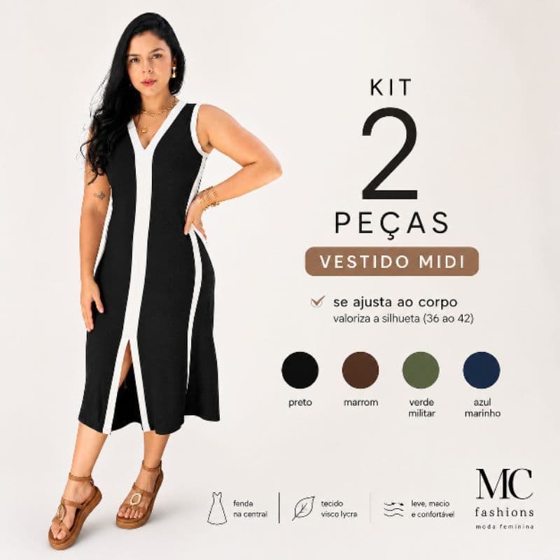 Kit 2 Vestidos Midi Feminino Visco Lycra Fenda Central Elegante Casual decote v
