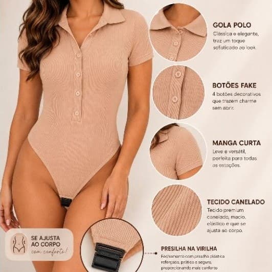 Body Feminino Canelado Polo Manga Curta com Botões Fake e Fecho na Virilha